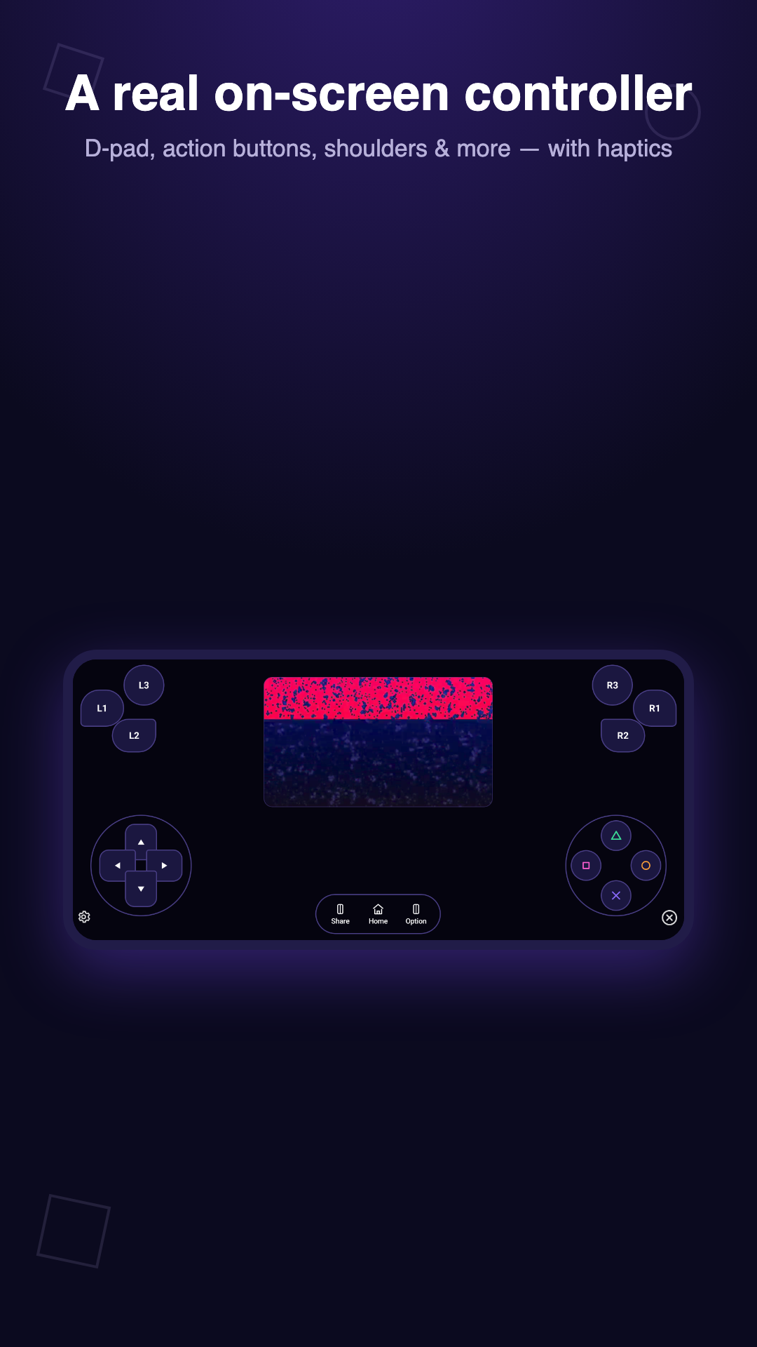 On-screen gamepad with D-pad, action buttons and shoulder buttons