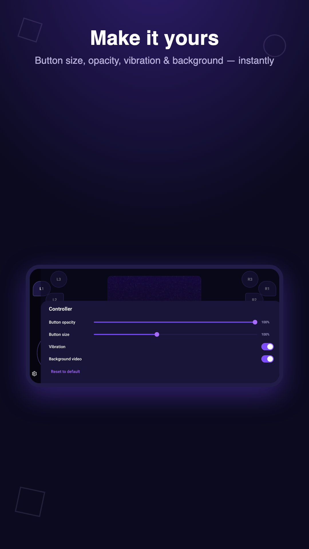 Customize button size, opacity and vibration screen